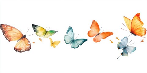 Fototapeta premium Colorful butterflies in various shades fluttering gracefully across a white background