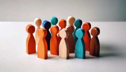 Diverse wooden figures in various colors standing in a group, symbolizing community, inclusion, unity, equality, and individuality

