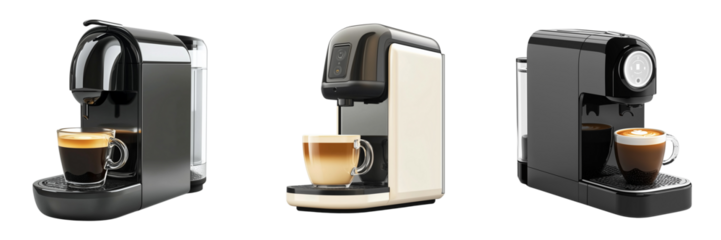 Set of A classic espresso coffee machine with a black body and chrome accents on transparent png background