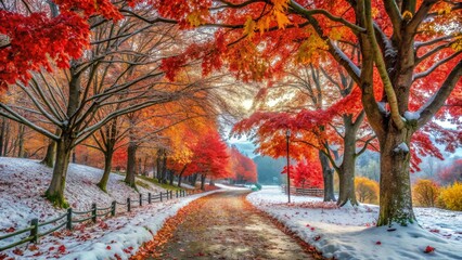 Autumn to winter seasonal transition showcasing vibrant red foliage and a serene snowy landscape with a peaceful pathway.
