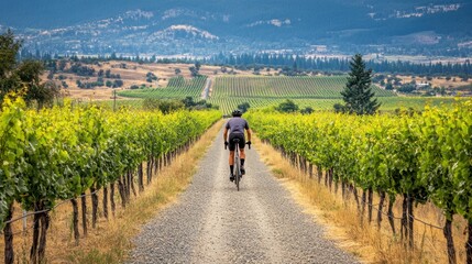 Fototapeta premium A cyclist on a gravel path through a vineyard with rows of grapevines on either side