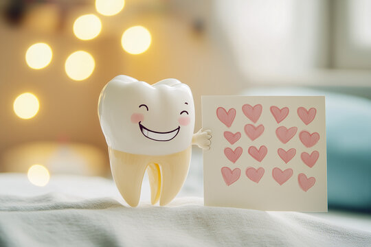 A smiling tooth holding an educational chart with hearts as bullet points, postcard design. Valentine concept
