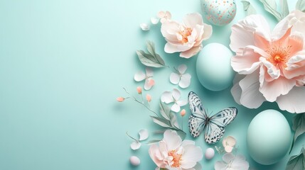 Obraz premium Happy Easter composition for easter design. Elegant Easter eggs and spring flowers on mint background. Flat lay, top view, copy space.