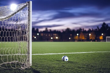 soccer ball on field next to goal at night