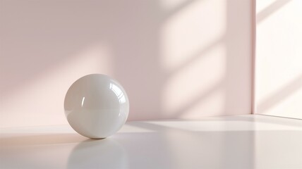 Photorealistic image of a minimalistic white sphere on a smooth surface, showcasing soft shadows and texture

