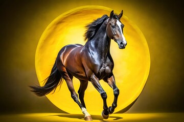 Black and White Racehorse on Yellow Circle - Dramatic Equestrian Stock Photo