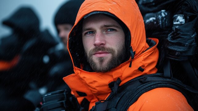 Adventurer in orange coat prepares for expedition in snowy conditions