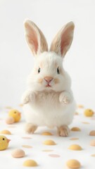 Obraz premium Fluffy Easter bunny hopping on a chick-patterned white background, rabbit, chick