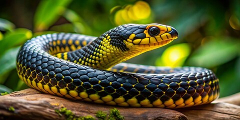 Black and Yellow Snake Stock Photo: Close-up Reptile Image with Copy Space