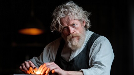 Skilled artisan crafting a unique piece in a dimly lit workshop during the evening