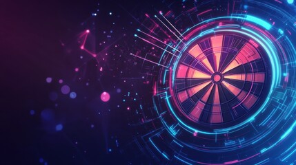 A futuristic dartboard design glowing on a gradient blue-to-purple background