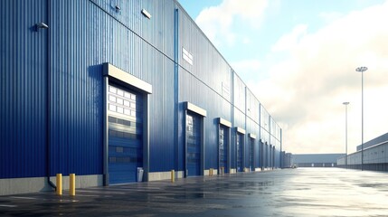 Obraz premium A modern industrial building with blue exterior and loading docks, reflecting a clear sky.