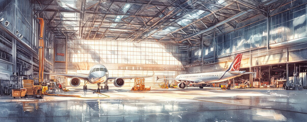 Fototapeta premium Spacious airplane hangar interior with planes, sunlight, and equipment. scene captures vibrant atmosphere of aviation and maintenance work