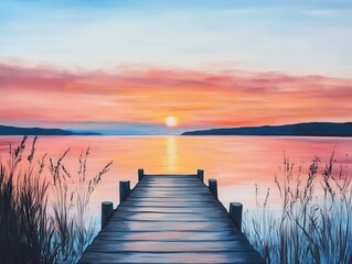 Naklejka premium sunset over water with a wooden dock