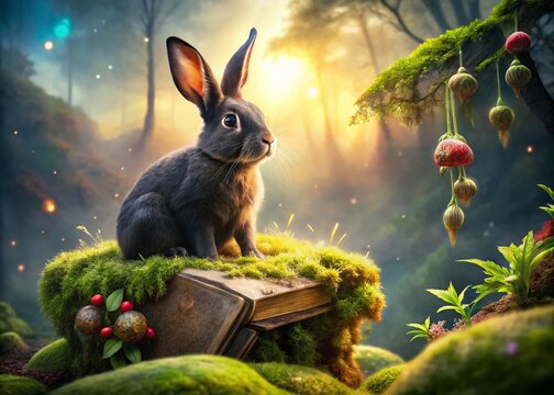 Black Rabbit with Notebook - Mystical Fantasy Landscape Stock Photo