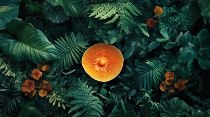 an orange mushroom with a circular top amid green foliage