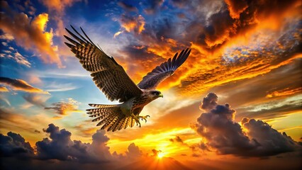 Fototapeta premium Majestic Falcon Silhouette at Sunset - Powerful Bird of Prey in Flight