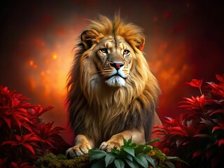 Fototapeta premium Majestic Lion Night Portrait: Red Leaves Background