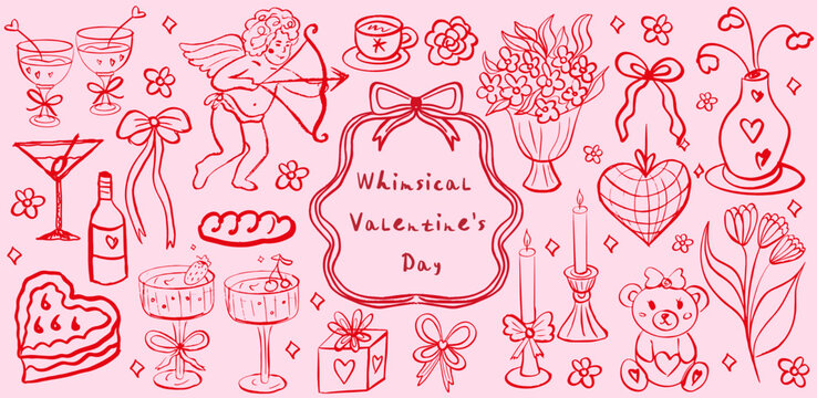 Whimsical coquette food and wine red and pink background. La dolce vita concept. Design elements for Valentines Day greeting cards, wedding invitations, birthday. Vector illustration