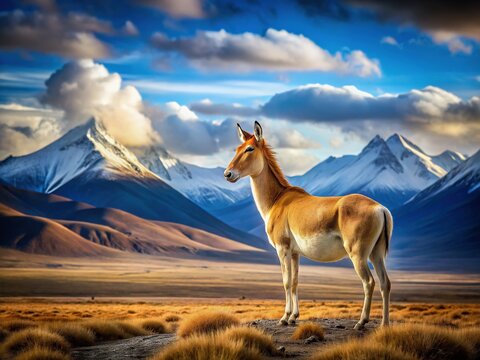 Majestic Kiang on Tibetan Plateau, Copy Space for Text - Wildlife Stock Photo