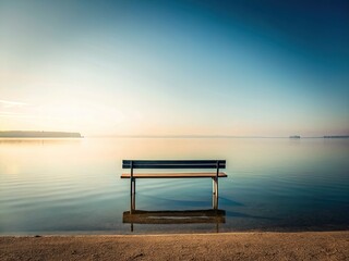 Minimalist Bench by Calm Water: Serene Lakeside Scene