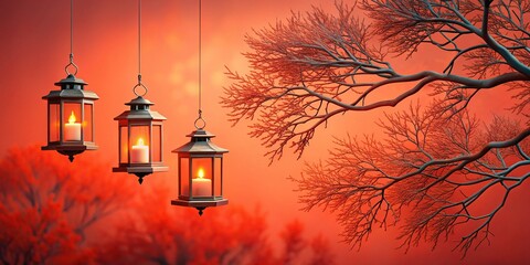 Minimalist Coral Background with Bare Branch and Hanging Lanterns - Long Exposure Stock Photo