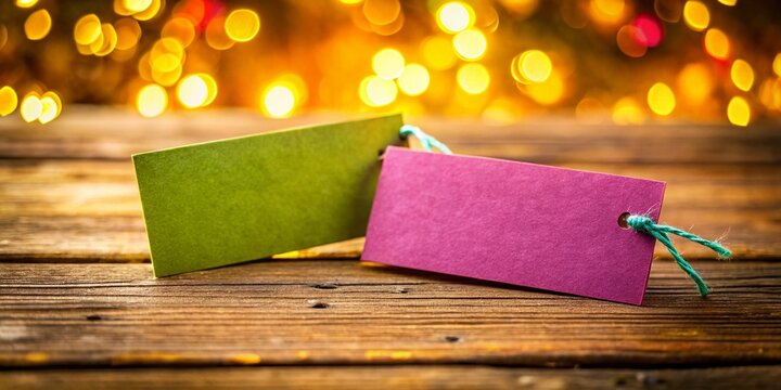 Blank Name Tags on Wooden Table with Bokeh Background - Stock Photo