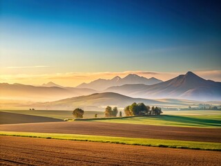 Naklejka premium Minimalist Landscape: Serene Field Meets Majestic Mountains