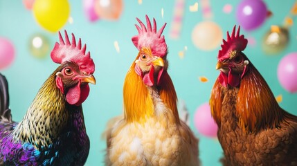 Fototapeta premium Creative animal concept. Group of chicken in funky Wacky wild mismatch colourful outfits on bright background advertisement, copy space. birthday party invite invitation banner