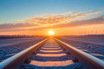 Fototapeta premium From a high-angle view on a sunny day, airport track stretches out like a ribbon into vanishing point against backdrop of a clear blue sky, with morning sun casting a golden glow on tarmac
