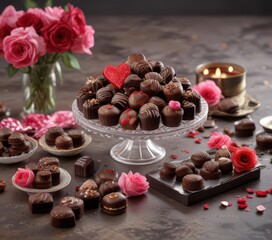 Fototapeta premium Luxurious chocolate assortment, romantic Valentine's Day setting , red, gold, praline