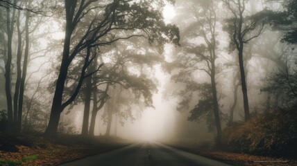 Obraz premium Misty Forest Road in Autumn Morning with Dense Fog and Bare Trees