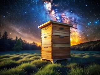 New Unpainted Langstroth Beehive at Night - Dark Wooden Frames Under Starry Sky