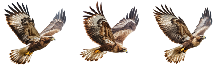 Set of A hawk bird in mid-flight, wings extended, captured in high detail on transparent png background