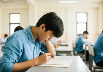 Focused Student Taking Notes in Classroom