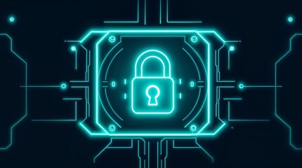 Fototapeta premium Digital illustration, futuristic style, glowing padlock icon, circuit background, blue and green color scheme, white accents, soft dreamy atmosphere, hazy light, volumetric lighting, balanced composit