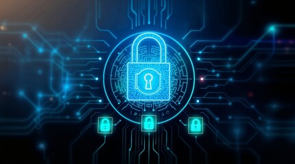 Obraz premium Digital illustration, futuristic style, glowing padlock icon, circuit background, blue and green color scheme, white accents, soft dreamy atmosphere, hazy light, volumetric lighting, balanced composit