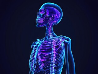 a glowing translucent skeleton x-ray in purple and blue