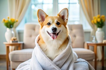 Pampered Pembroke Welsh Corgi in Plush Bathrobe After Spa Day