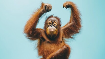 Playful orangutan posing against vibrant backdrop