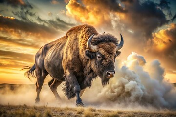 Powerful Bison Kicking Up Dust in Wild Prairie Landscape