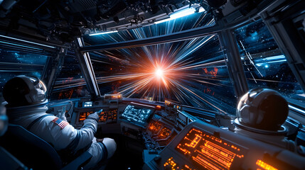 realistic photograph of astronauts aboard spacecraft, exploring cosmos with vibrant light trails