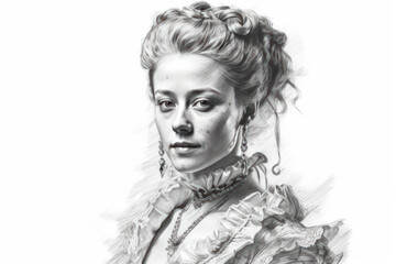 Fototapeta premium black and white image of a woman in retro style, apparently from the Baroque or Rococo era 