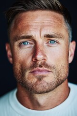 Obraz premium Close-up portrait of a man with blue eyes and short hair against a dark background