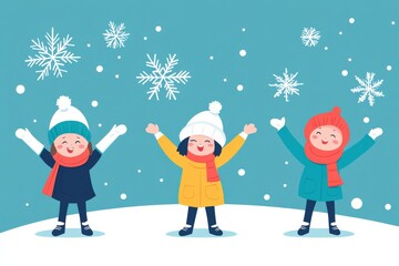 Fototapeta premium Joyful Children Playing in Snowy Winter Wonderland with Snowflakes, Bundled in Colorful Hats and Scarves, Celebrating Winter Cheer and Happiness Together