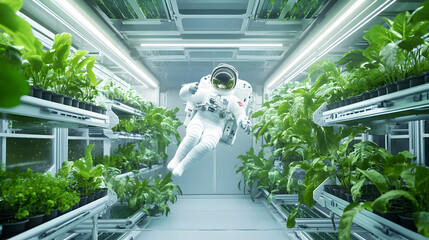futuristic space habitat interior with astronaut tending to plants, showcasing advanced technology and greenery