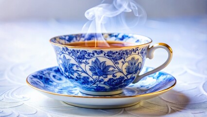 Fototapeta premium Blue and White Teacup and Saucer with Tea, Elegant Afternoon Tea Setting, Porcelain Teaware, Ceramic Cup and Saucer Stock Photo
