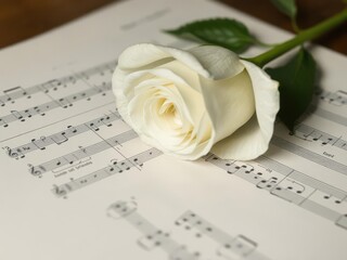 Single white rose rests delicately on sheet music, flower,texture