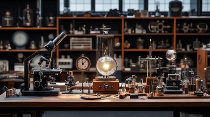A steampunk-inspired vintage lab setup with glowing equipment, evoking themes of scientific discovery, innovation, and retro-futurism.