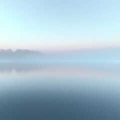 Misty sunrise over calm lake with hazy treeline reflection